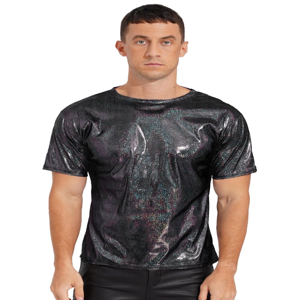 CHICTRY Men Shiny Metallic Short Sleeve T-Shirt Glossy Top for Dance Party Rave Festival Dark Grey X-Large
