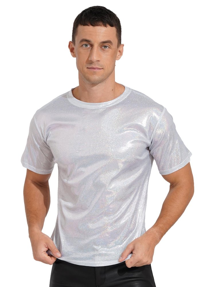 CHICTRY Men Shiny Metallic Short Sleeve T-Shirt Glossy Top for Dance Party Rave Festival White XX-Large