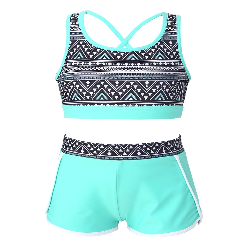 Moggemol Kids Girls 2 Piece Gymnastics/Dance/Sports Outfits Crop Tank Tops and Shorts Tankinis Athletic Swimsuit D#Mint09 6-8