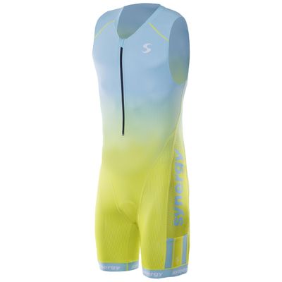 Synergy Triathlon Tri Suit - Men's Elite Sleeveless Trisuit (Mint/Yellow, Small)