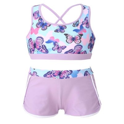 Moggemol Kids Girls 2 Piece Gymnastics/Dance/Sports Outfits Crop Tank Tops and Shorts Tankinis Athletic Swimsuit D#Lavender10 10-12
