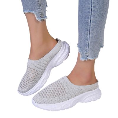 Hbeylia Women's Fashion Slip-On Loafers Walking Shoes Platform Mesh Breathable Air Cushion Trendy Chunky Bottom Low Top Backless Canvas Shoes Flats Flying Play Sneakers