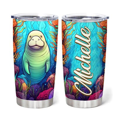 Hyturtle Personalized Gifts Manatee Lover - Manatees Printed Customized Name Stainless Steel Tumbler 20 oz With Lid - Idea Cute Sea Animal Lover Gifts For Women, Girl, Kids On Birthday, Christmas