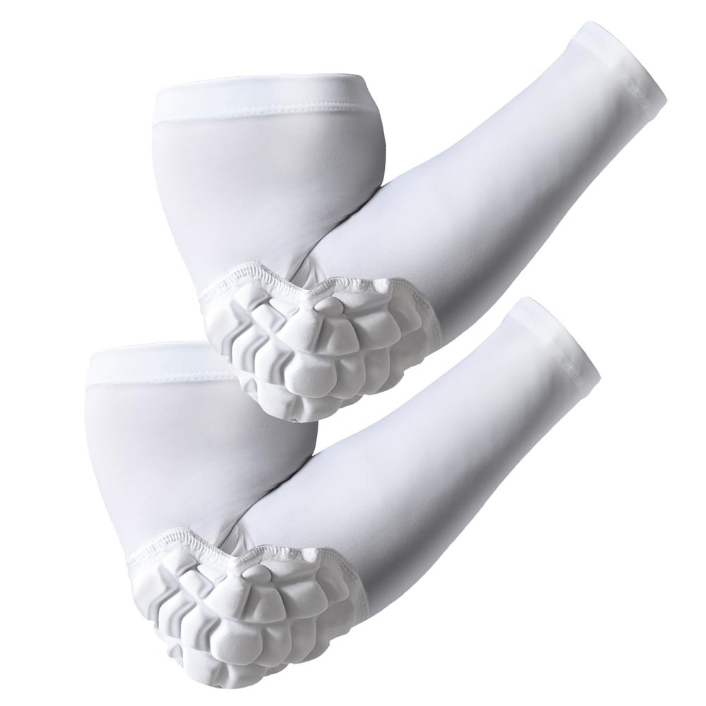 SZKANI Arm Sleeves with Elbow Pads Arm Pad Sleeve for Kid, Youth and Adult, Wrestling Elbow Pad for Kind of Sports(White_S_2 Pcs)