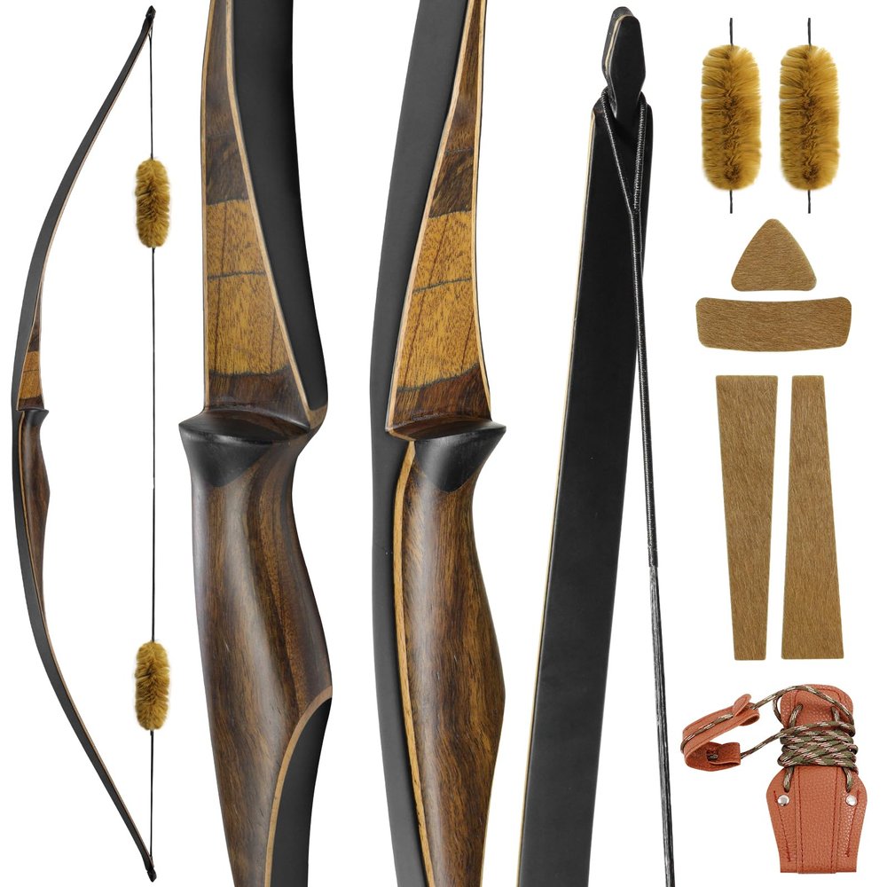 58 Inch Black Hunter Longbow 20-40lbs Horse Bow Right Hand One Piece Longbow with Stringer Tool Handmade Traditional Wooden Bow for Hunting Shooting (25LBS)