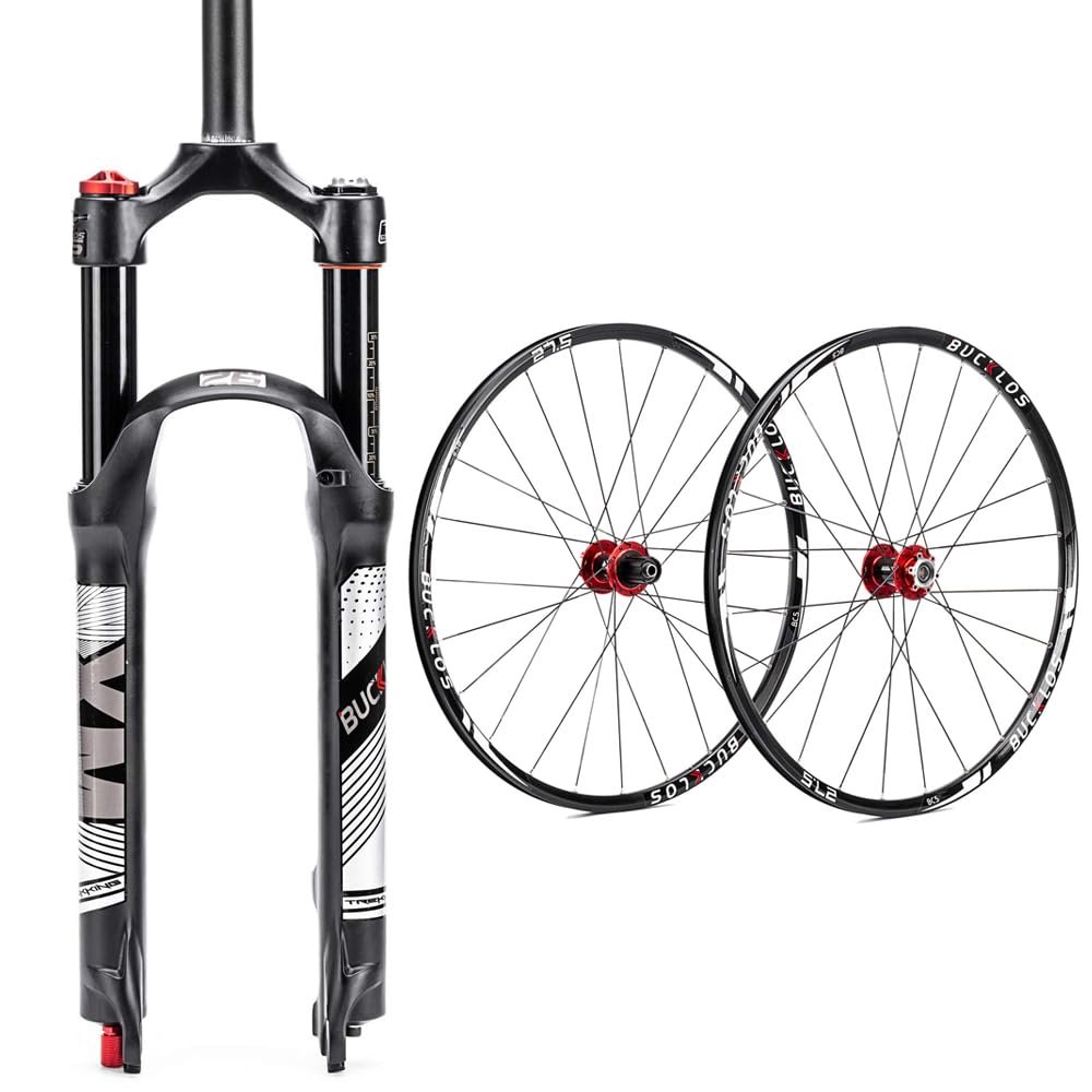 BUCKLOS 27.5" QR 9 * 100mm MTB Air Suspension Fork, Rebound Adjust 1 1/8 Straight Tube Manual Lockout XC AM & Carbon Hub Wheels Disc Brakes, 24H Flat Spokes Bike Wheels fit 7-11 Speed Cassette
