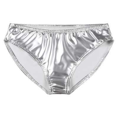 Lorilida Men's Bikini Briefs Shiny Metallic Bulge Pouch Panties Underwear Low Waist Swim Trunks Silver 3X-Large