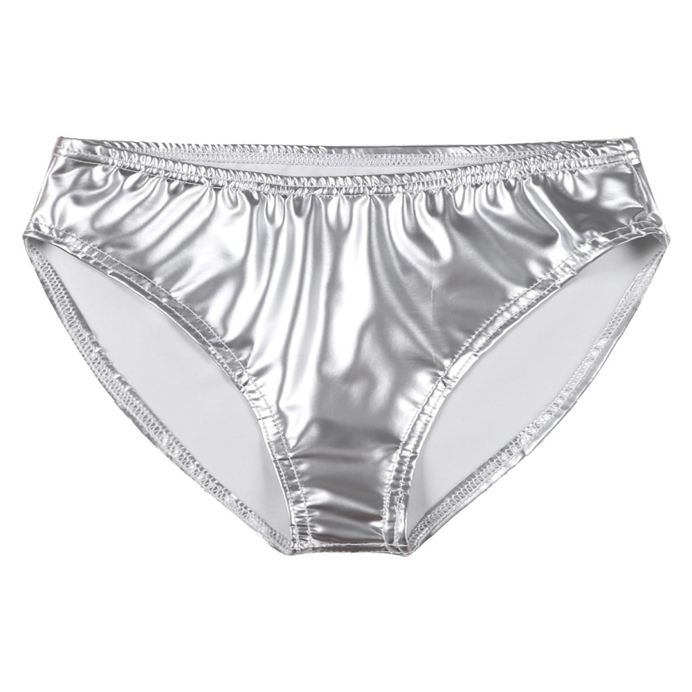 Lorilida Men's Bikini Briefs Shiny Metallic Bulge Pouch Panties Underwear Low Waist Swim Trunks Silver 3X-Large