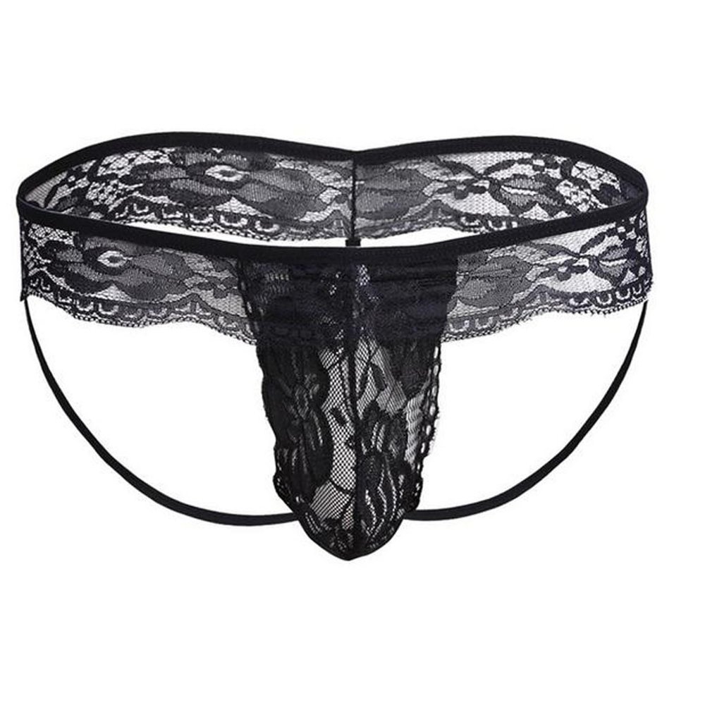 SINMIUANIME Men's lace Anime Panties Three Point Underwear Sheer Mesh Bikini Briefs T-back G-string Panty Sexy (YS2Black, M)