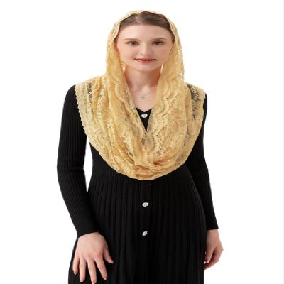 PAMOR Infinity Chapel Veil Floral Latin Mass Head Covering Lace Scarf Mantilla Veils for Church (Gold)