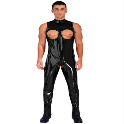 ACSUSS Mens Open Cups Shiny Leather Crotchless Bodysuit Mock Neck Sleeveless Skinny Jumpsuit Clubwear Black X-Large