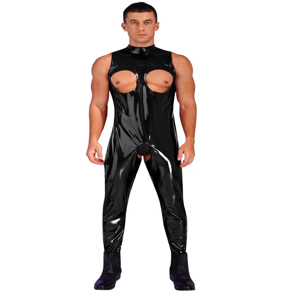 ACSUSS Mens Open Cups Shiny Leather Crotchless Bodysuit Mock Neck Sleeveless Skinny Jumpsuit Clubwear Black X-Large