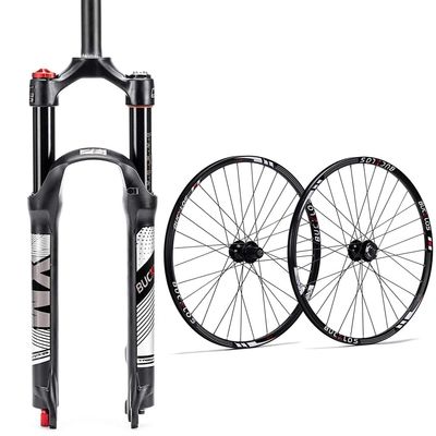 BUCKLOS 27.5" QR 9*100mm MTB Air Suspension Fork , Rebound Adjust 1 1/8 Straight Tube Manual Lockout XC AM & Disc Brake 32H, High Strength Aluminum Alloy Rim Black Bike Wheel, fit 7-11 Speed Cassette