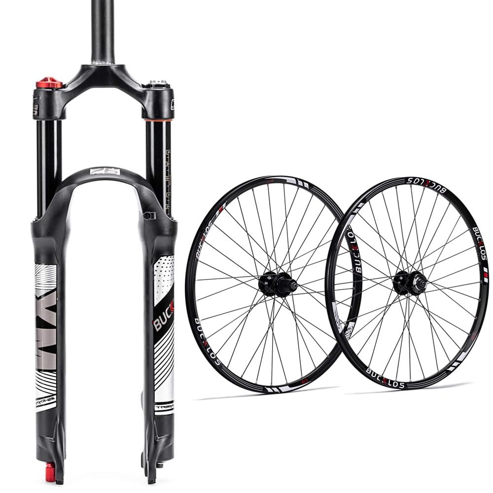 BUCKLOS 27.5" QR 9*100mm MTB Air Suspension Fork , Rebound Adjust 1 1/8 Straight Tube Manual Lockout XC AM & Disc Brake 32H, High Strength Aluminum Alloy Rim Black Bike Wheel, fit 7-11 Speed Cassette