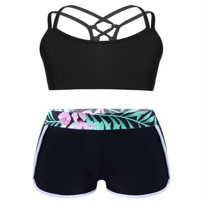 Nikiikoo Kids Girls 2Pcs Activewear Set Gymnastics Dance Sports Bra Crop Tops and Booty Shorts Tankini Swimsuit B#Black01 12 Years