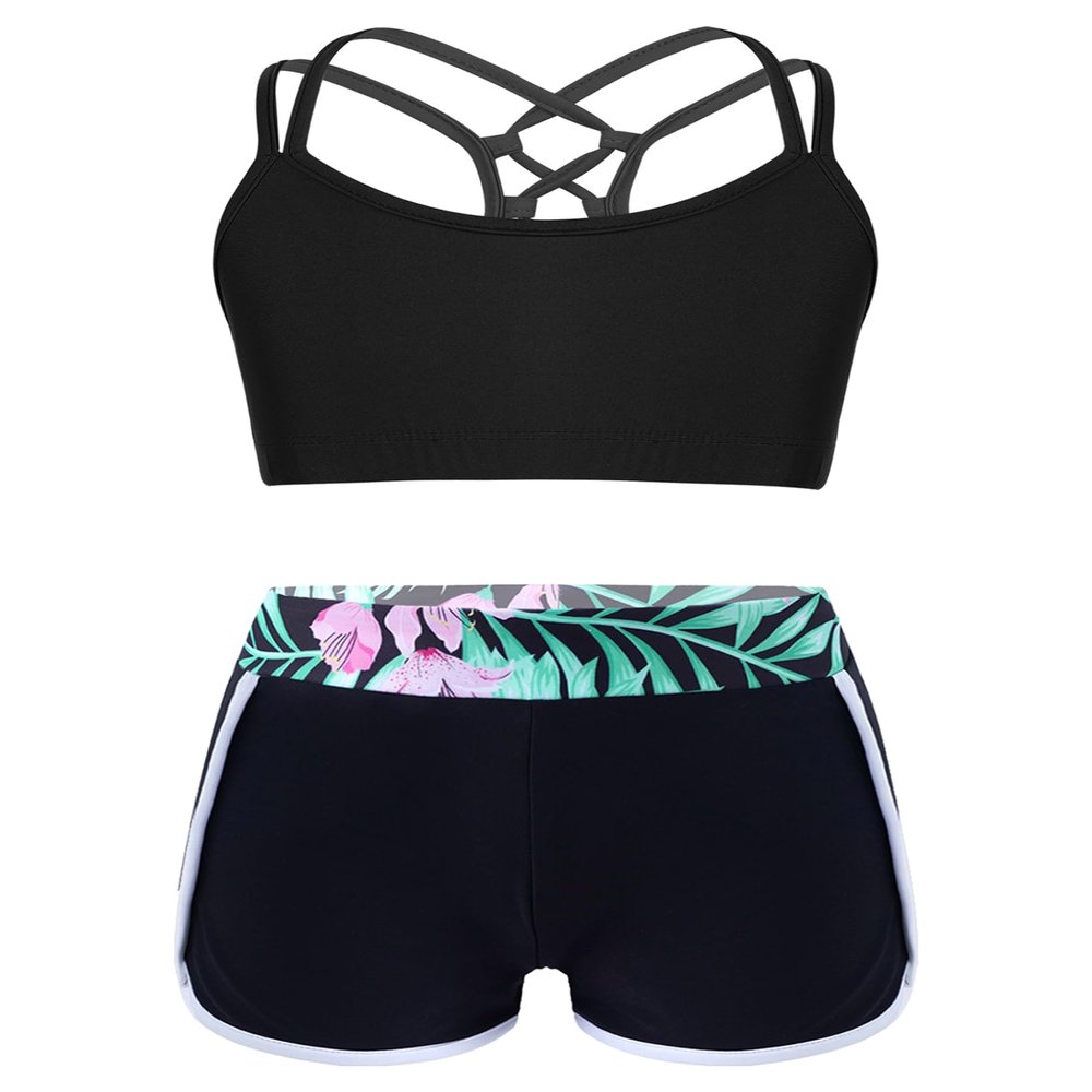 Nikiikoo Kids Girls 2Pcs Activewear Set Gymnastics Dance Sports Bra Crop Tops and Booty Shorts Tankini Swimsuit B#Black01 12 Years