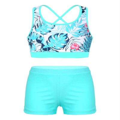 Nikiikoo Kids Girls 2Pcs Activewear Set Gymnastics Dance Sports Bra Crop Tops and Booty Shorts Tankini Swimsuit C#Leaves06 10 Years