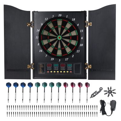 PATIKIL Electronic Dart Board Cabinet Set, LED Digital Electric Dartboard with Wooden Cabinet Door, Soft Tip Darts Board with 12 Darts, 88 Tips, 27 Games, 243 Variations, Up to 16 Players