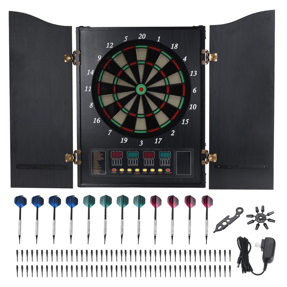 PATIKIL Electronic Dart Board Cabinet Set, LED Digital Electric Dartboard with Wooden Cabinet Door, Soft Tip Darts Board with 12 Darts, 88 Tips, 27 Games, 243 Variations, Up to 16 Players