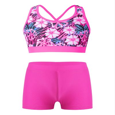 YONGHS Kids Girls 2 Pieces Bathing Suit Beach Swimsuit Sports Swimwear Tankinis Top with Shorts Set Gardenia&Hot Pink 8 Years