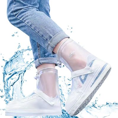 YUEYA Waterproof Shoe Covers for Rain, Non-Slip Overshoes with Zipper, Reusable Shoe Protectors for Bicycling and Outdoor Activities, Washable Rain Boots for Men, Women and Kids (White, XXXL)