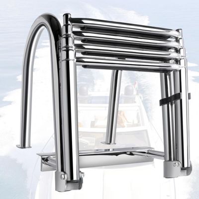 Boat Ladder 4 Step Pontoon Boat Ladder Foldable Stainless Steel Marine Rear Entry Telescoping Ladder with Wide Steps Swim Deck Ladder with Pedal Hand Railing,Retaining Strap