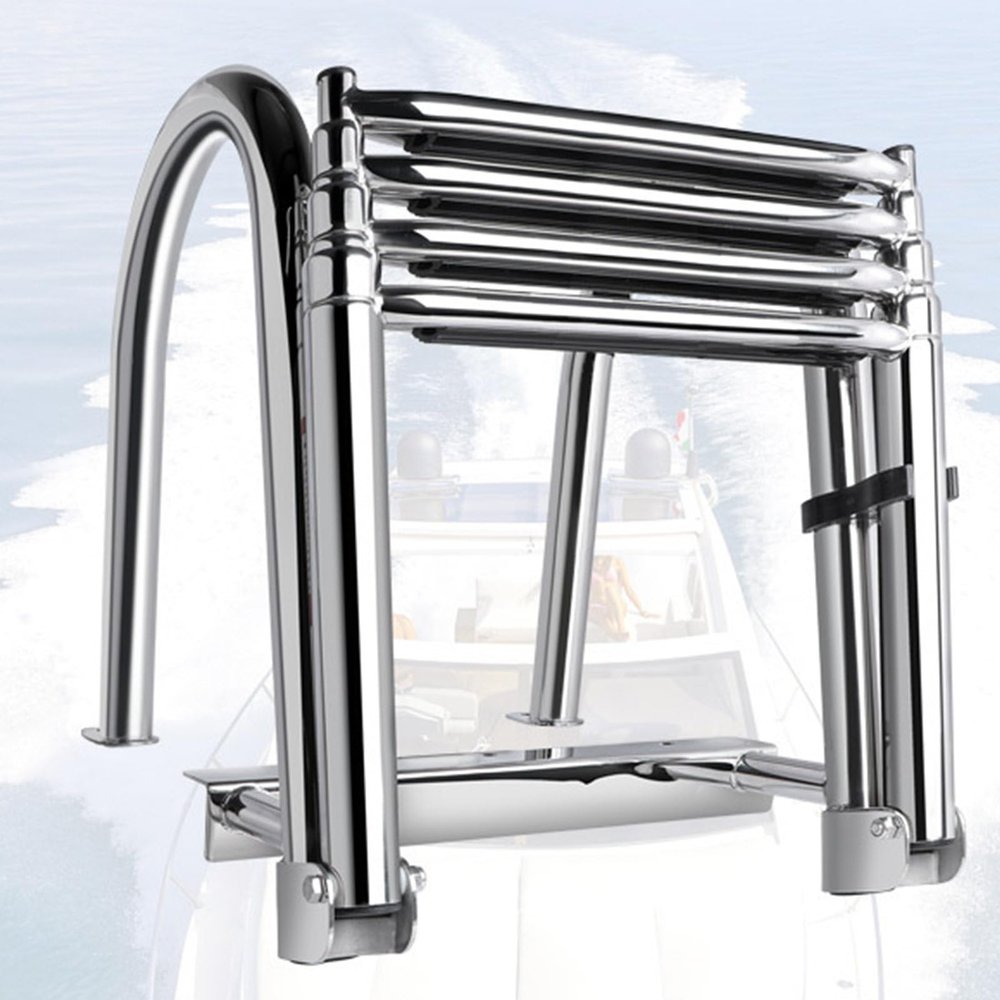 Boat Ladder 4 Step Pontoon Boat Ladder Foldable Stainless Steel Marine Rear Entry Telescoping Ladder with Wide Steps Swim Deck Ladder with Pedal Hand Railing,Retaining Strap