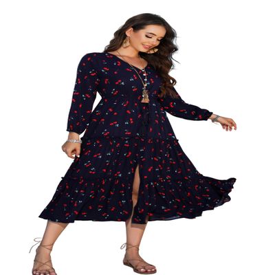 R.Vivimos Maxi Dress for Women Long Sleeve V Neck Drawstring Button Up Casual Floral Print Split Flowy Dress (Medium, NavyBlue-Floral)