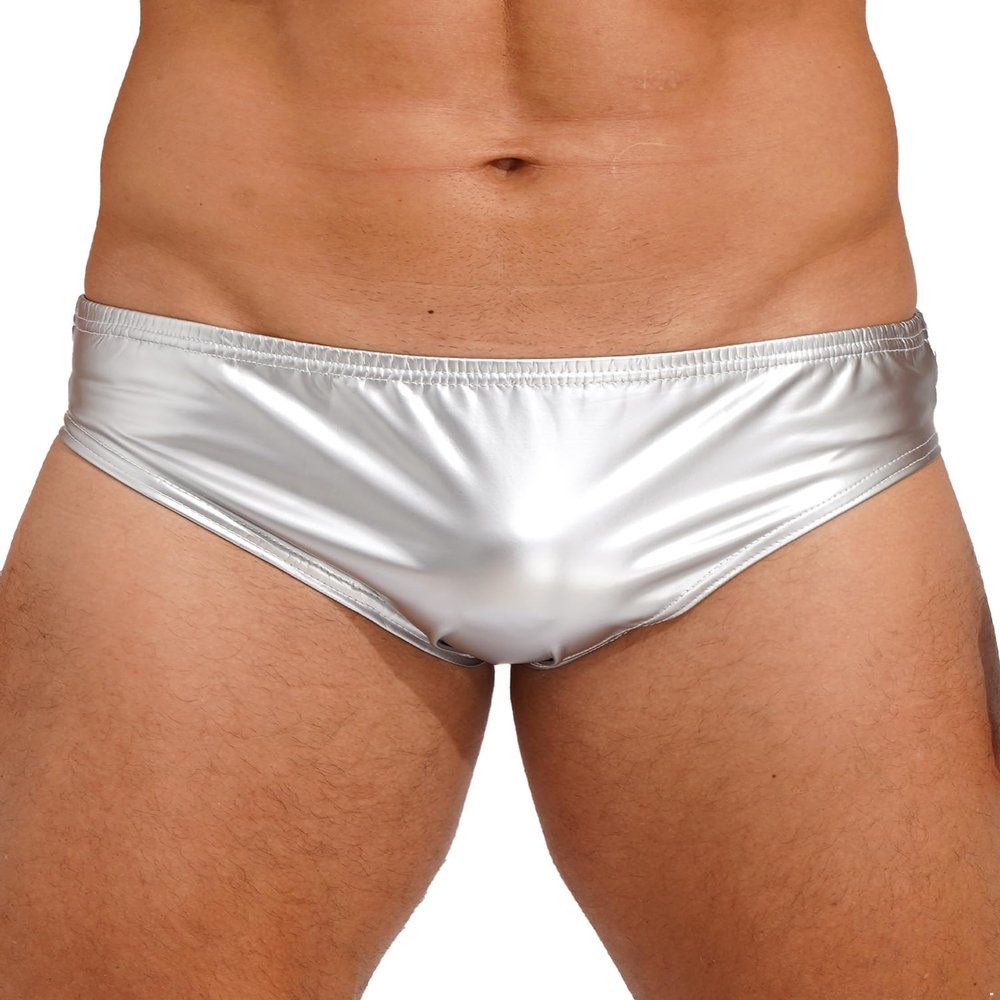 Alvivi Water Glossy Shiny Bikini Briefs Swimming Trunks Sexy Low Rise Pouch Club Dancing Underpant Silver 3X-Large