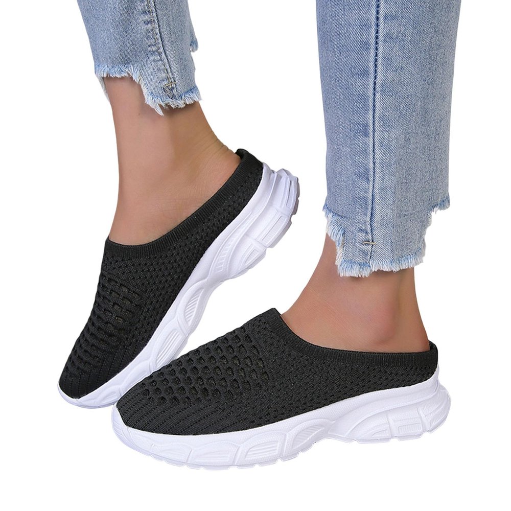 Hbeylia Women's Fashion Slip-On Loafers Walking Shoes Platform Mesh Breathable Air Cushion Trendy Chunky Bottom Low Top Backless Canvas Shoes Flats Flying Play Sneakers