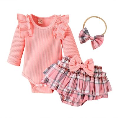 Autumn and Winter Infants and Young Children Cotton Strip Long Sleeved Romper Plaid Skirt Briefs (Pink, 6-12 Months)