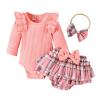 Autumn and Winter Infants and Young Children Cotton Strip Long Sleeved Romper Plaid Skirt Briefs (Pink, 6-12 Months) view 1