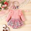 Autumn and Winter Infants and Young Children Cotton Strip Long Sleeved Romper Plaid Skirt Briefs (Pink, 6-12 Months) view 2