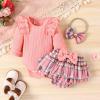 Autumn and Winter Infants and Young Children Cotton Strip Long Sleeved Romper Plaid Skirt Briefs (Pink, 6-12 Months) view 3