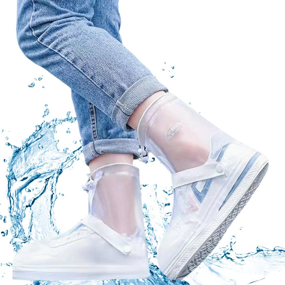 YUEYA Waterproof Shoe Covers for Rain, Non-Slip Overshoes with Zipper, Reusable Shoe Protectors for Bicycling and Outdoor Activities, Washable Rain Boots for Men, Women and Kids (White, XL)