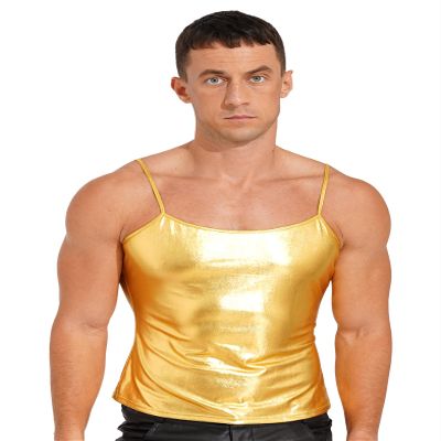 Hedmy Men Sports Crop Tank Top Vest Shiny Metallic Sleeveless Fitness Gym Muscle T-Shirt Clubwear Straps Gold B X-Large