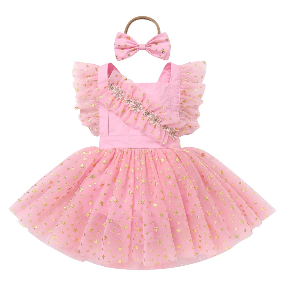 1st Birthday Girl Dress Outfit Baby Sleeveless Sequin Stars Romper Dress Cake Smash Tulle Dress Pink Stars 12-18 Months