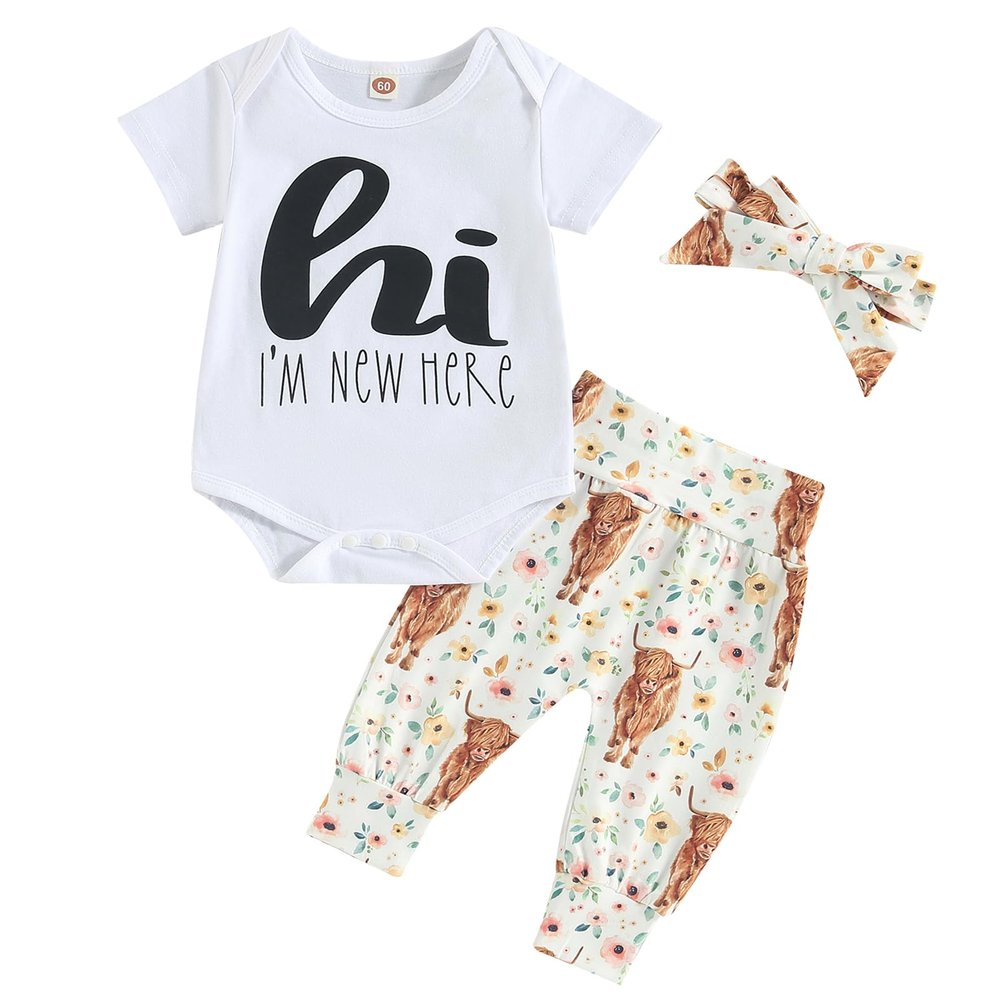 Baby Boy Girl Coming Home Outfit Fall Outfits Letter Bodysuit Romper Animals Print Long Pants Hat 3Pcs Fall Clothes (Short Sleeve-White, 6-12 Months)