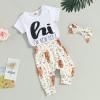 Baby Boy Girl Coming Home Outfit Fall Outfits Letter Bodysuit Romper Animals Print Long Pants Hat 3Pcs Fall Clothes (Short Sleeve-White, 6-12 Months) view 2