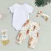 Baby Boy Girl Coming Home Outfit Fall Outfits Letter Bodysuit Romper Animals Print Long Pants Hat 3Pcs Fall Clothes (Short Sleeve-White, 6-12 Months) view 3
