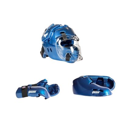ProForce Lighting 5 Piece Sparring Gear Combo Set with Full Head face mask (red, Child Large 5-6 Shoes)