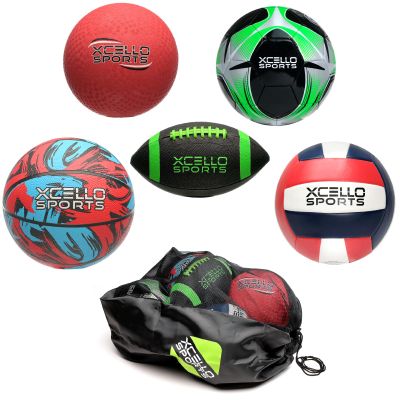 Xcello Sports Multi-Sport 5-Ball Set - Jr. Football, Official B7 Basketball, Size 5 Soccer Ball, Volleyball, and Kickball with Ball Pump and Carry Bag (Colorful)