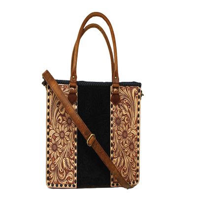 16" Women's Cowgirl Western Floral Hand-Tooled Black Leather Purse Handbag Tote 18RTHS01