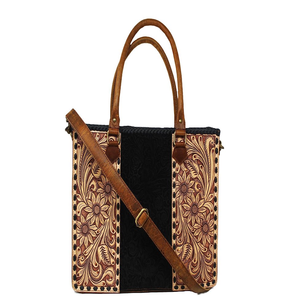 16" Women's Cowgirl Western Floral Hand-Tooled Black Leather Purse Handbag Tote 18RTHS01