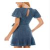 City Studio Womens Blue Ruffled Zippered Keyhole Back Belted Pom-pom Trim Heather Flutter Sleeve Surplice Neckline Short Party Fit + Flare Dress 15 view 2