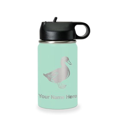 LaserGram Personalized Water Bottle, Duck, Stainless Steel Double Wall Vacuum Insulated with Flip Top Straw, Custom Engraved Gift (12oz / 335ml Teal)