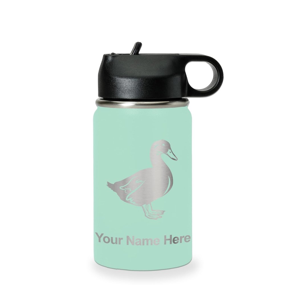 LaserGram Personalized Water Bottle, Duck, Stainless Steel Double Wall Vacuum Insulated with Flip Top Straw, Custom Engraved Gift (12oz / 335ml Teal)