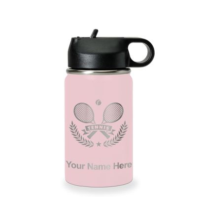 LaserGram Personalized Water Bottle, Tennis Rackets, Stainless Steel Double Wall Vacuum Insulated with Flip Top Straw, Custom Engraved Gift (12oz / 335ml Pink)