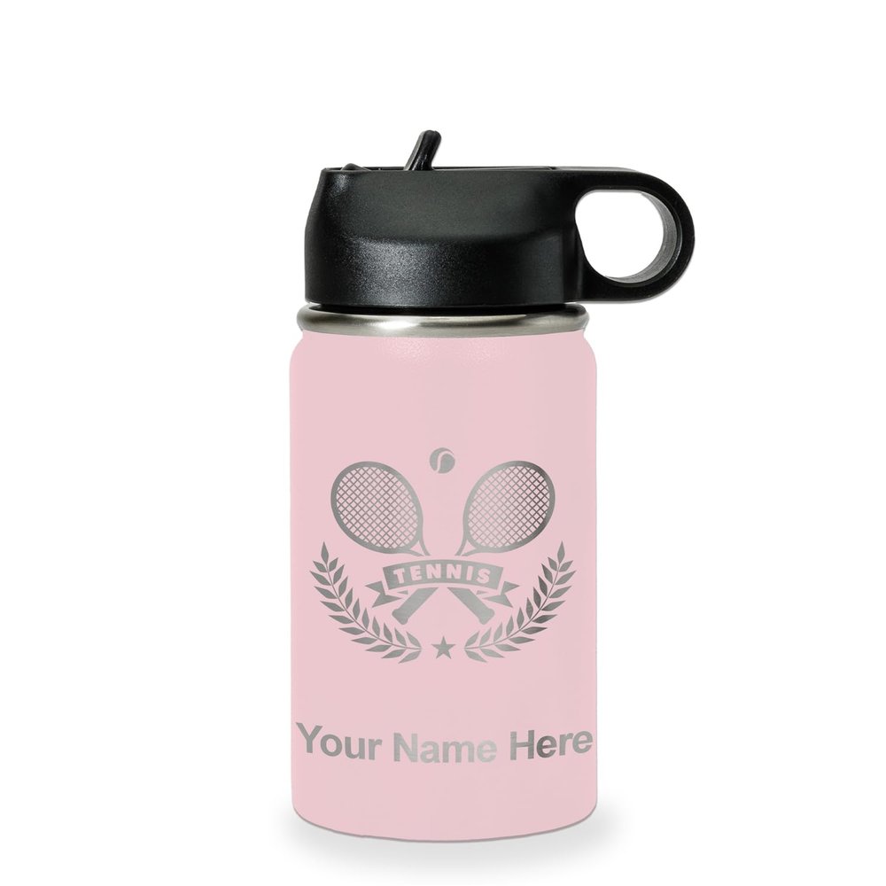 LaserGram Personalized Water Bottle, Tennis Rackets, Stainless Steel Double Wall Vacuum Insulated with Flip Top Straw, Custom Engraved Gift (12oz / 335ml Pink)