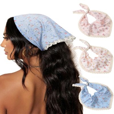 AWAYTR 3Pcs Hair Bandanas Head Kerchief for Women Girls Tie-Back Boho Hair Scarf Headband Bandana Triangle Head Scarf (Flower - White/Pink/Blue)
